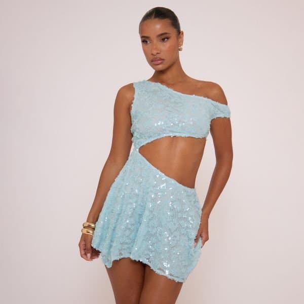 EGO Off The Shoulder Cut Out Detail Mini Dress In Blue Sequin Mesh, Women's Size UK 8