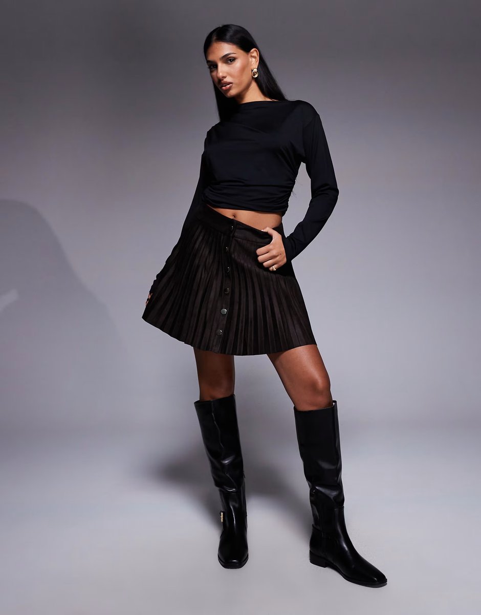 ASOS River Island suedette pleated mini skirt in dark brown  - 2