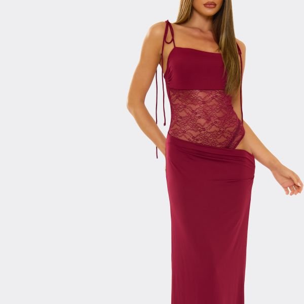 EGO Strappy Contrast Lace Panel Maxi Dress In Burgundy, Women's Size UK Large L - 2