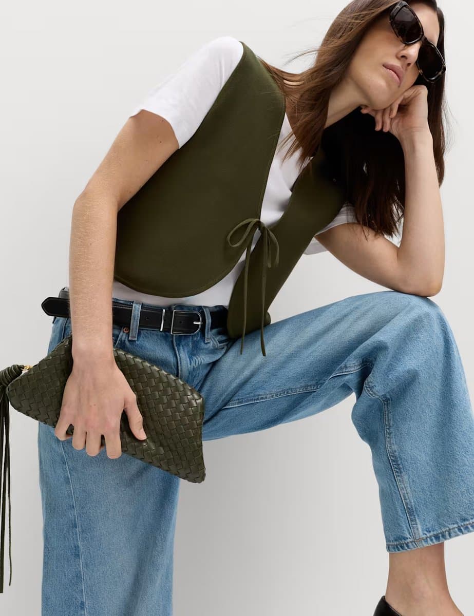 Marks & Spencer M&S Tie Front Slim Fit Cropped Knitted Waistcoat in Dark Khaki