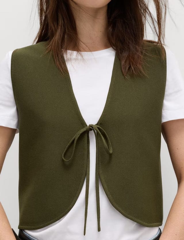 Marks & Spencer M&S Tie Front Slim Fit Cropped Knitted Waistcoat Dark Khaki - 3