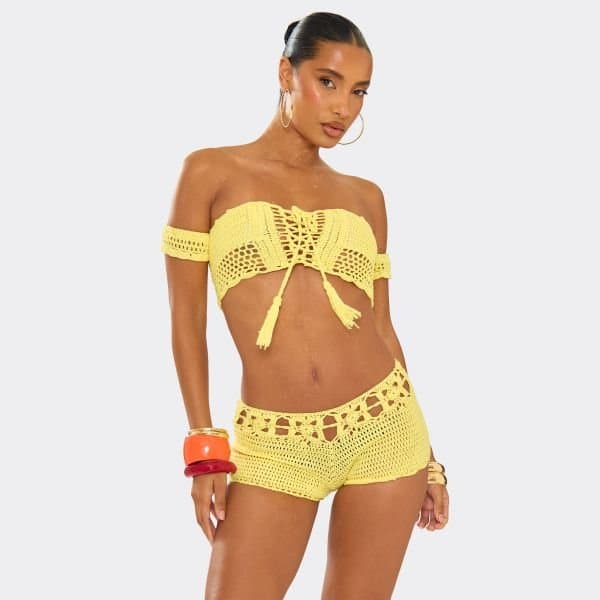 EGO Reversible Bardot Tie Front Detail Crop Top In Yellow Crochet Knit, Women's Size UK Large L
