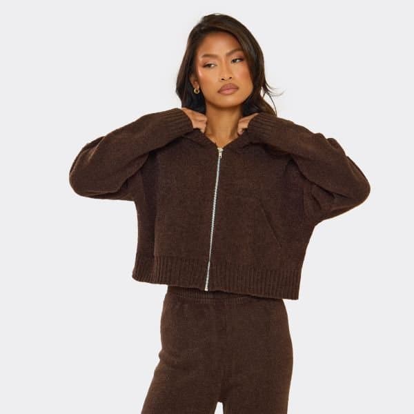 EGO Zip Front Hooded Cropped Jacket In Chocolate Brown Knit, Women's Size UK Large L