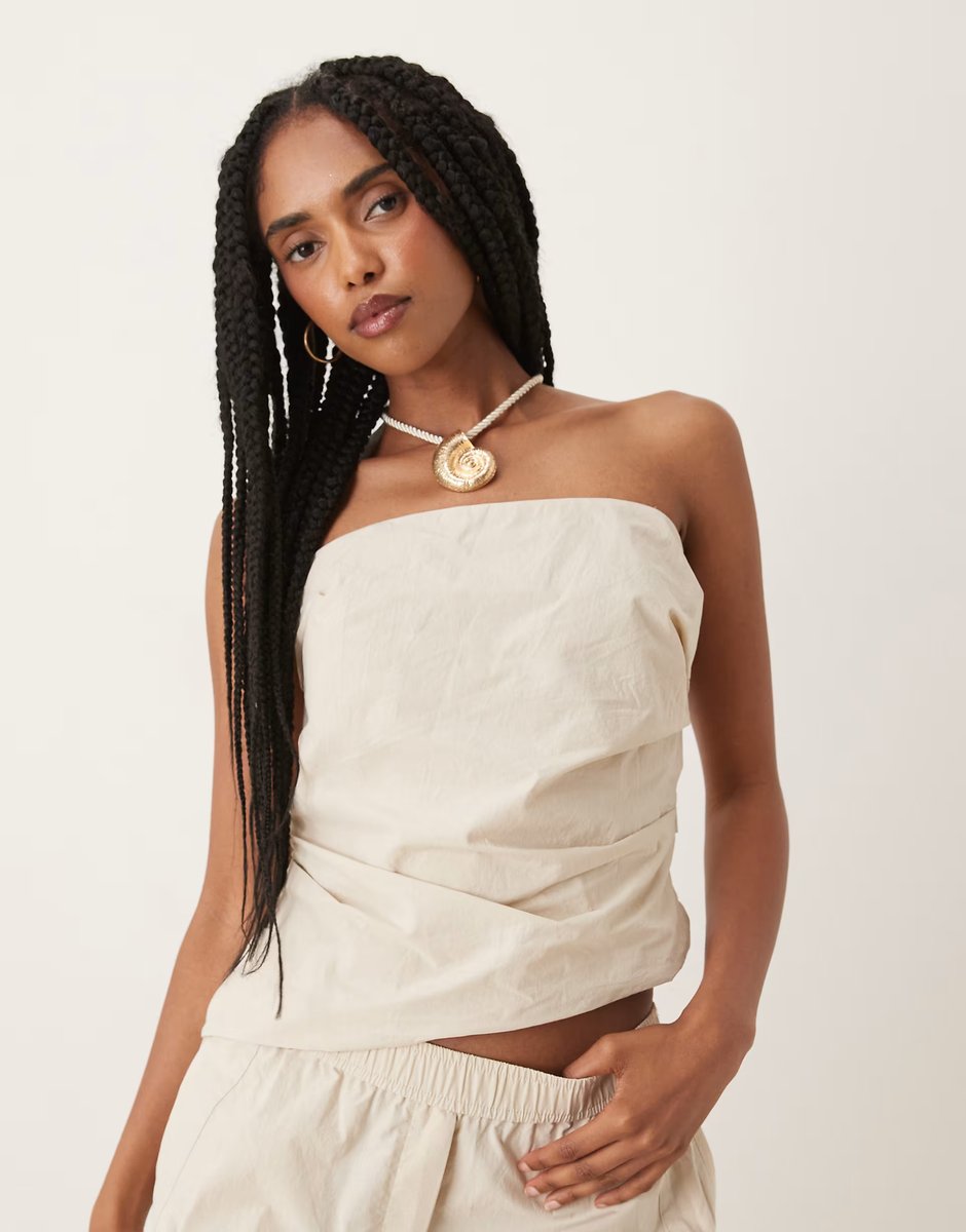 ASOS Mango bandeau ruched side asymmetric top & trouser co-ord in ivory - 2