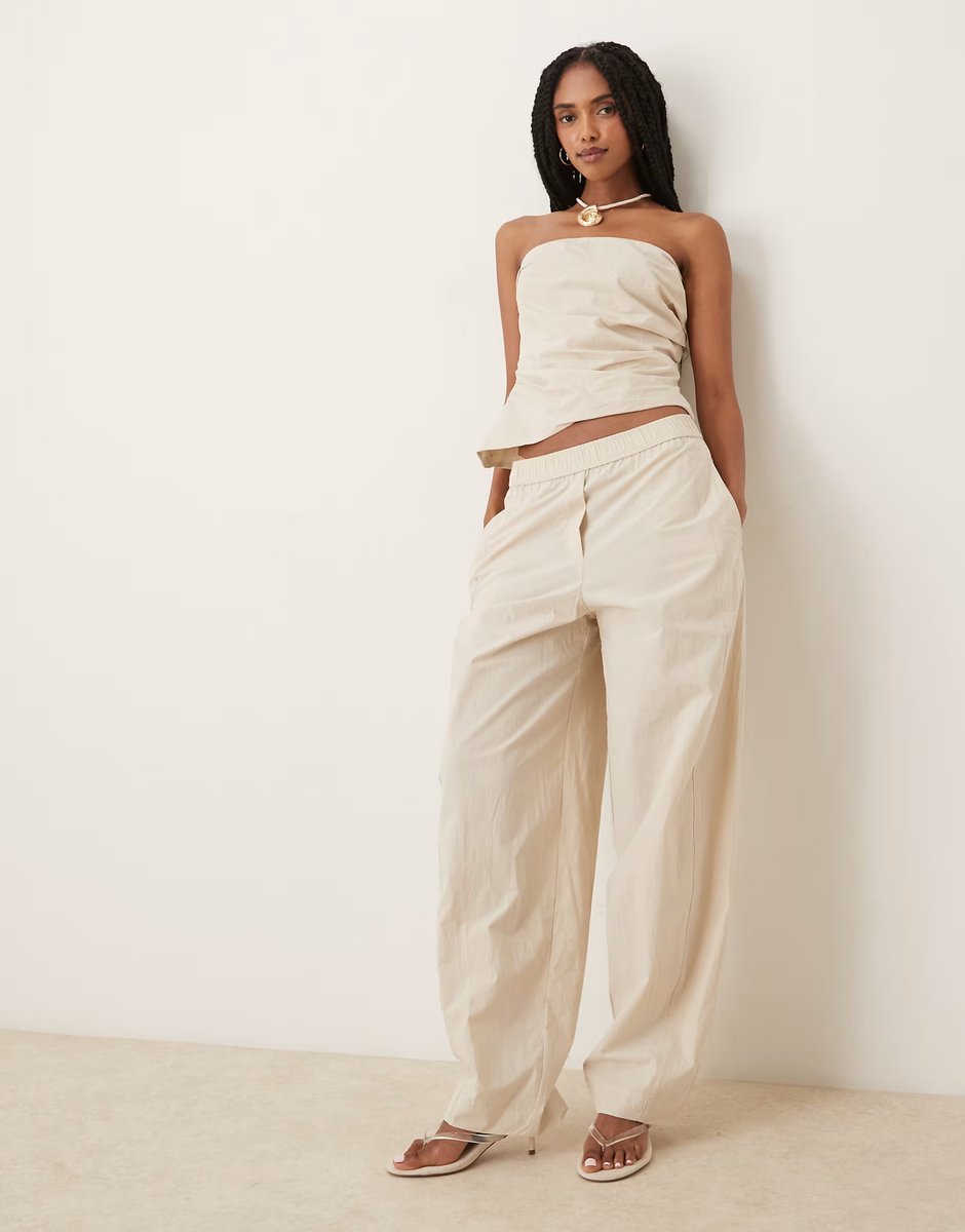 ASOS Mango bandeau ruched side asymmetric top & trouser co-ord in ivory - 3