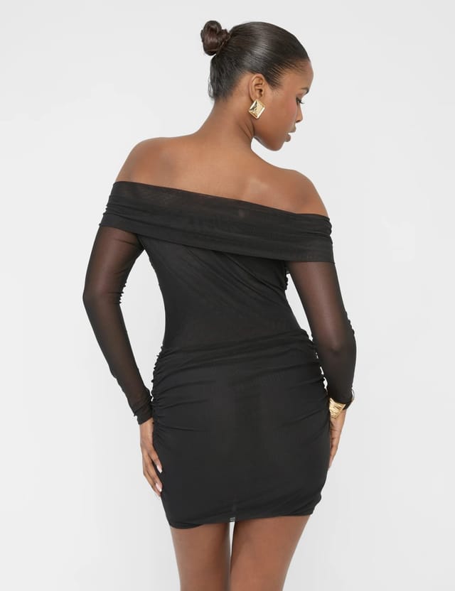 Public Desire Mesh Panel Off Shoulder Long Sleeve Mini Dress Black - 2