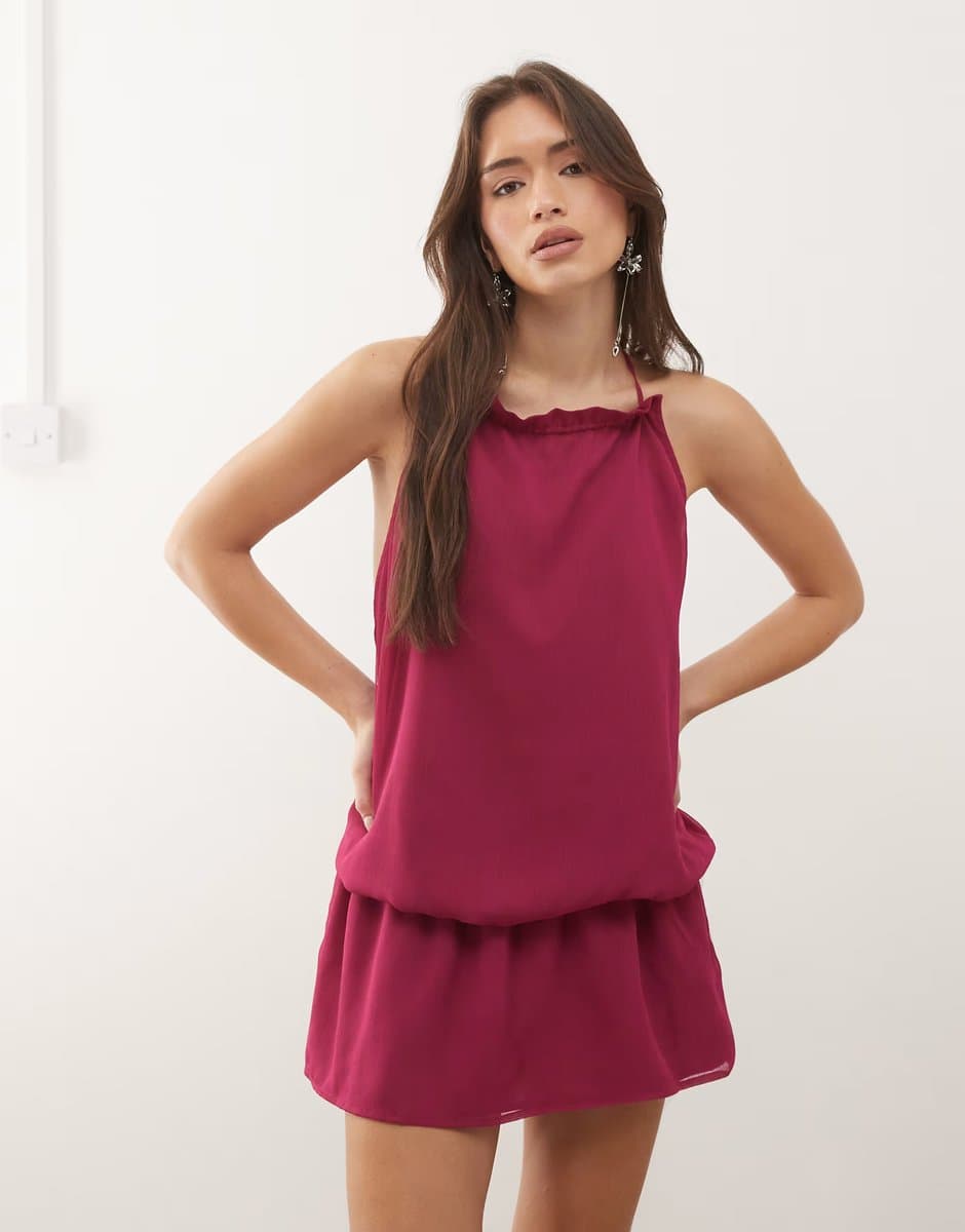 ASOS Motel Veloria high neck halter drop waist dress in dark rose