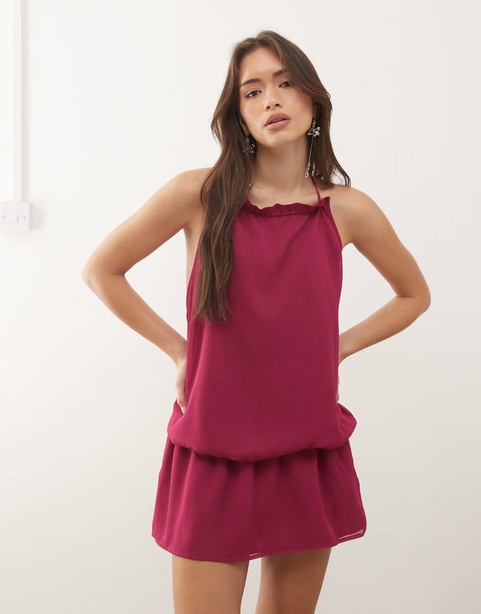 ASOS Motel Veloria high neck halter drop waist dress in dark rose - 1