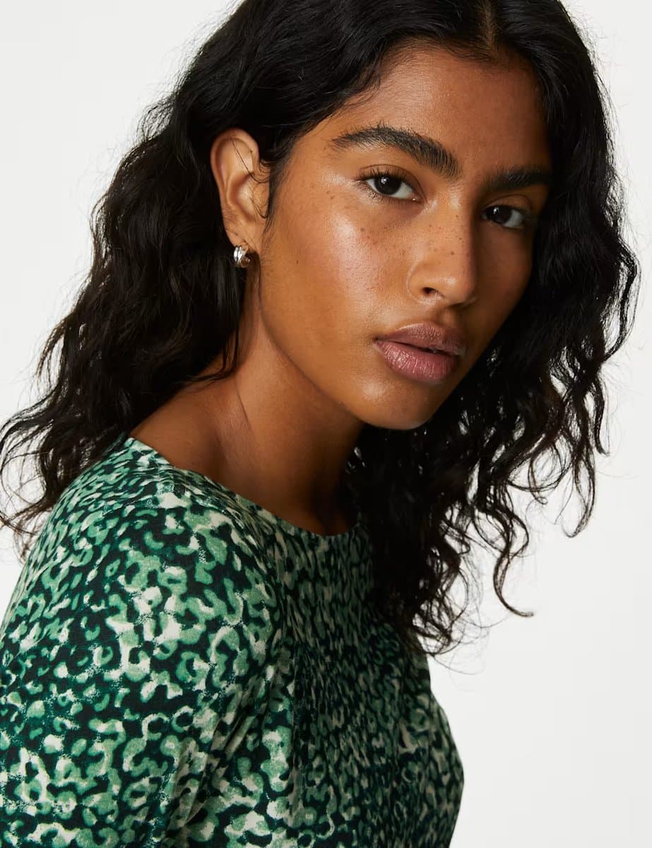 Marks & Spencer M&S Printed Cotton Rich Slim Fit Top in Navy Mix