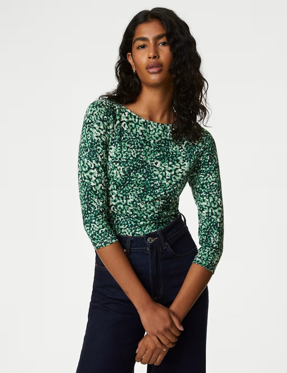 Marks & Spencer M&S Cotton Rich Printed Slim Fit Top Navy Mix - 3