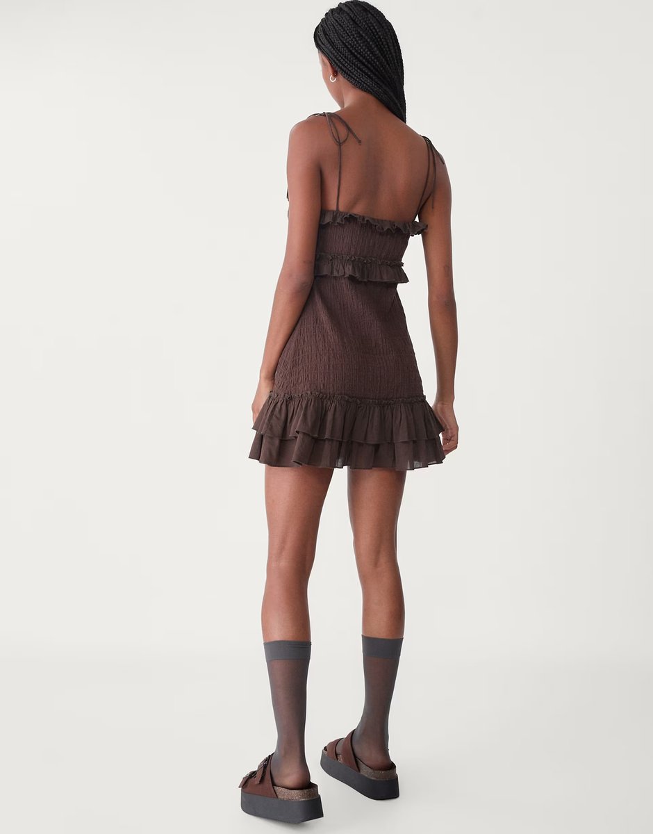 ASOS Stradivarius shirred strappy mini dress with ruffles in brown - 2