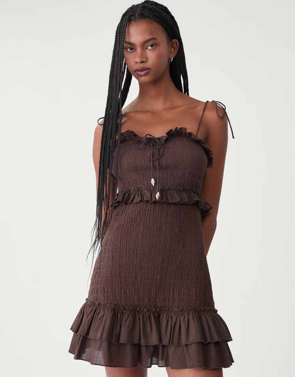 ASOS Stradivarius shirred strappy mini dress with ruffles in brown - 3