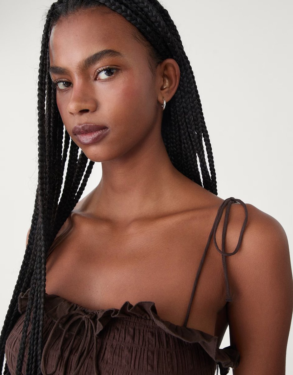 ASOS Stradivarius shirred strappy mini dress with ruffles in brown - 4