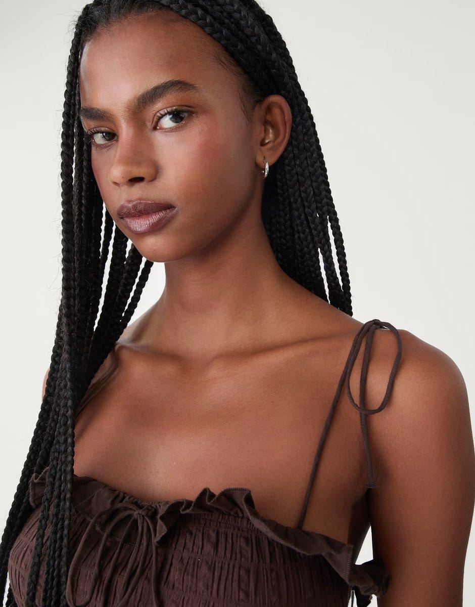ASOS Stradivarius shirred strappy mini dress with ruffles in brown - 4