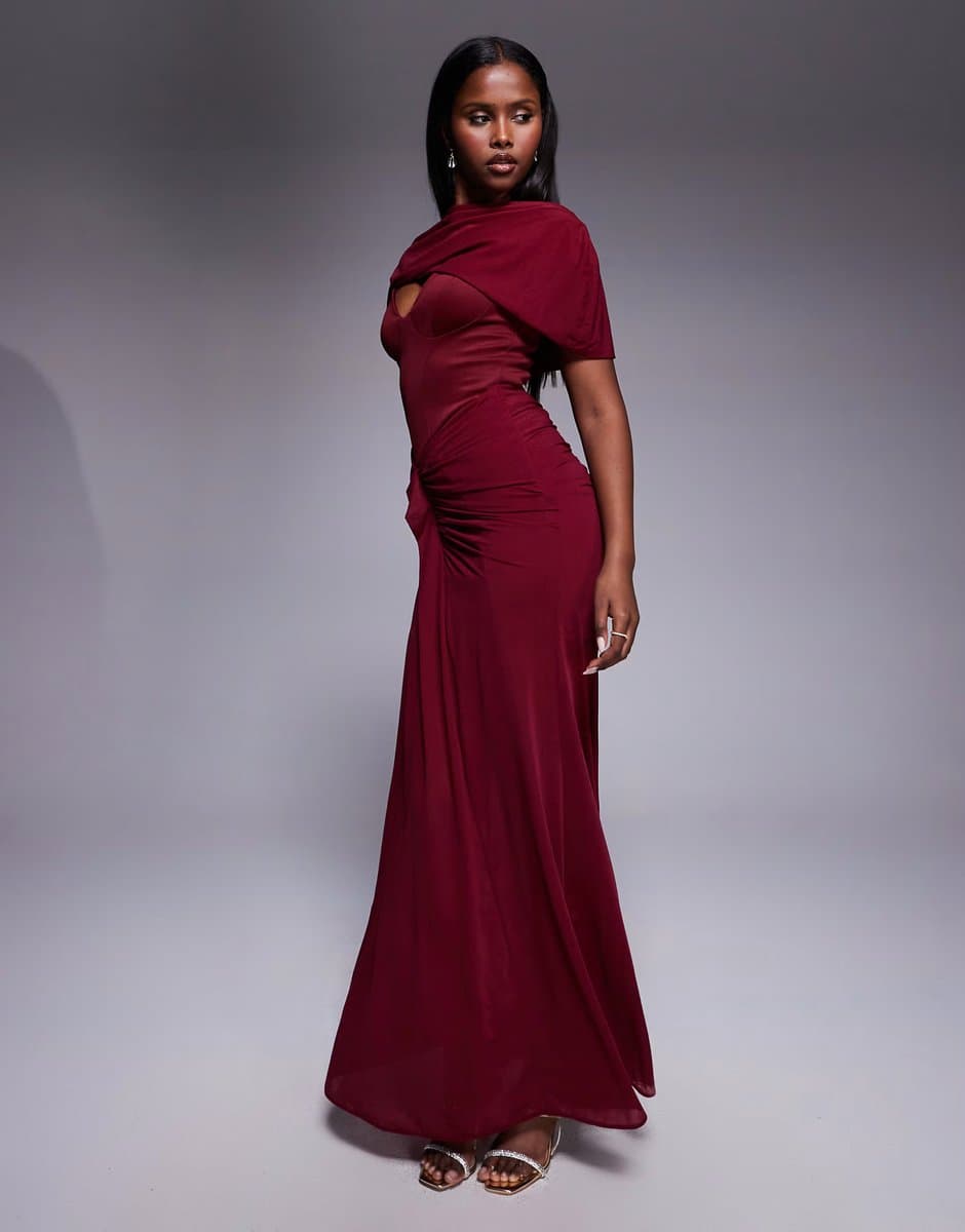 ASOS ASOS DESIGN Premium red carpet overlay corset detail maxi dress with synched hips in berry 