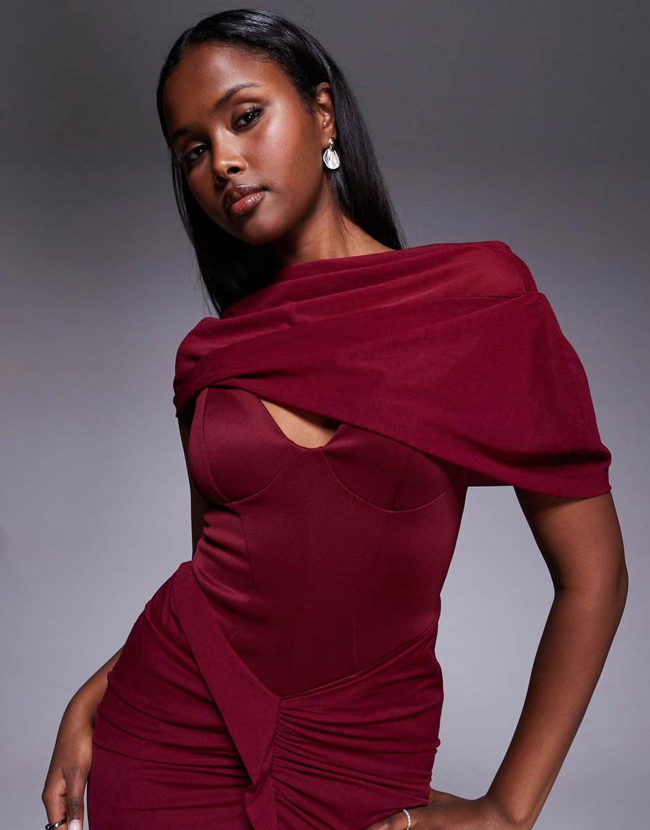 ASOS ASOS DESIGN Premium red carpet overlay corset detail maxi dress with synched hips in berry  - 2