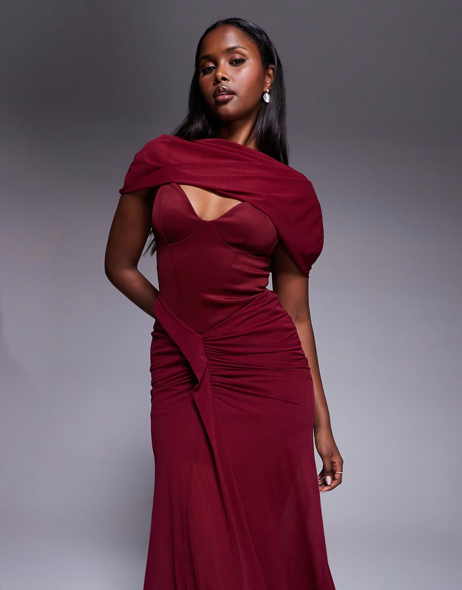 ASOS ASOS DESIGN Premium red carpet overlay corset detail maxi dress with synched hips in berry  - 4