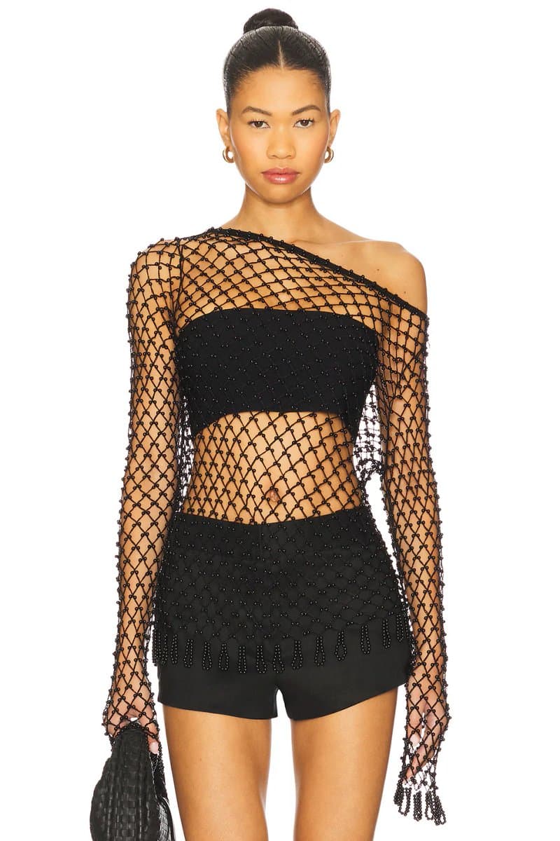 revolve Revolve Embellished Off-shoulder Mesh Top in Black