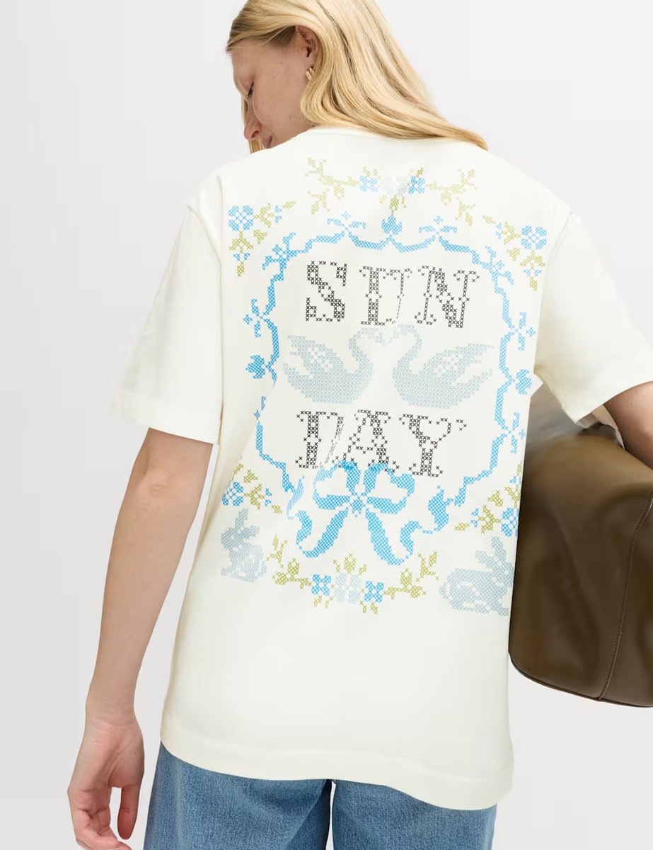 Marks & Spencer M&S Pure Cotton Floral Oversized Graphic T-Shirt Blue Mix - 2