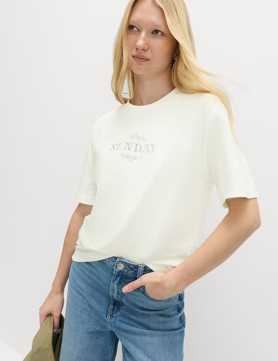 Marks & Spencer M&S Pure Cotton Floral Oversized Graphic T-Shirt Blue Mix - 3