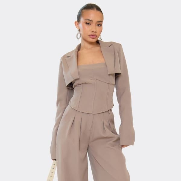 EGO Long Sleeve Tailored Cropped Blazer In Taupe, Women's Size UK 6 - 1