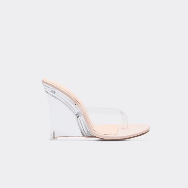 EGO Nessy Clear Perspex Thong Strap Wedge Heeled Mule In Nude Patent, Women's Size UK 3