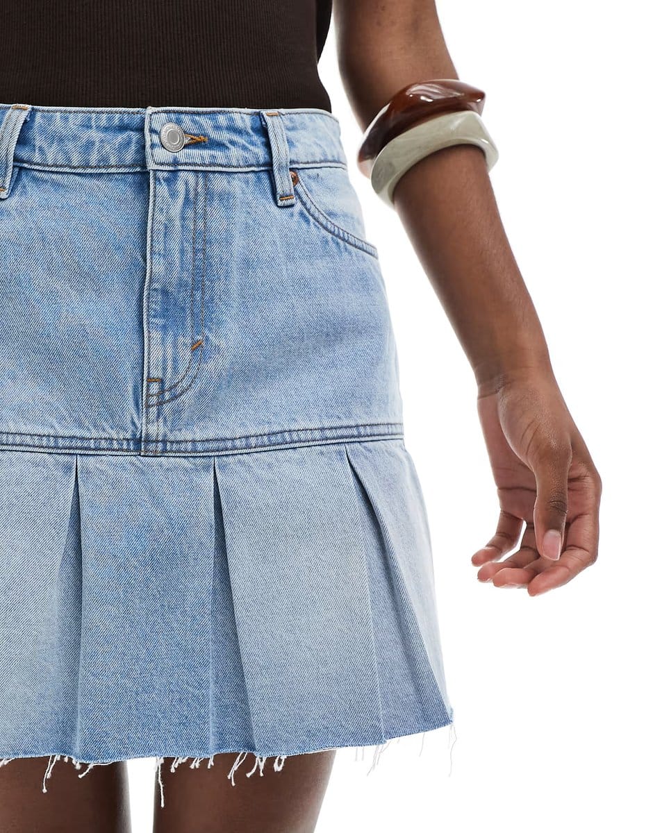 ASOS Monki pleated denim mini skirt in mid blue wash - 4