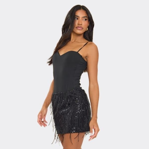 EGO Mid Rise Tassel Detail Mini Skirt In Black Sequin, Women's Size UK 6