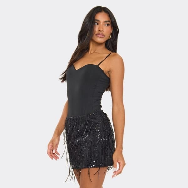 EGO Mid Rise Tassel Detail Mini Skirt In Black Sequin, Women's Size UK 6 - 1