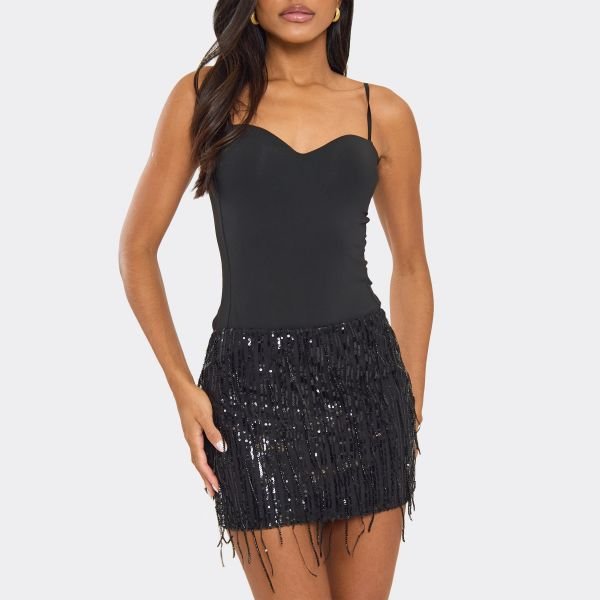 EGO Mid Rise Tassel Detail Mini Skirt In Black Sequin, Women's Size UK 6 - 2
