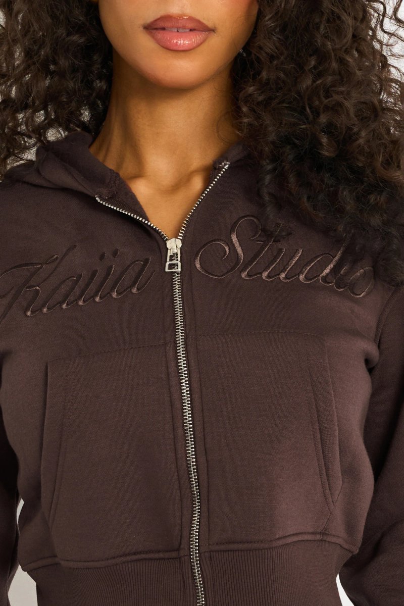 Kaiia Kaiia Studio Script Logo Cropped Zip Up Hoodie Mocha - 4