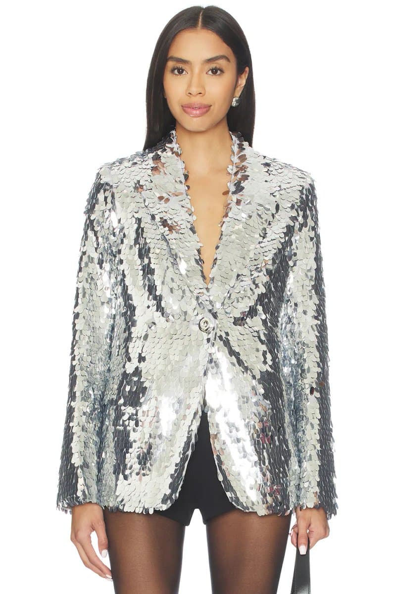 revolve Revolve Sequin Blazer with Deep V-Neck in Satellite Silver