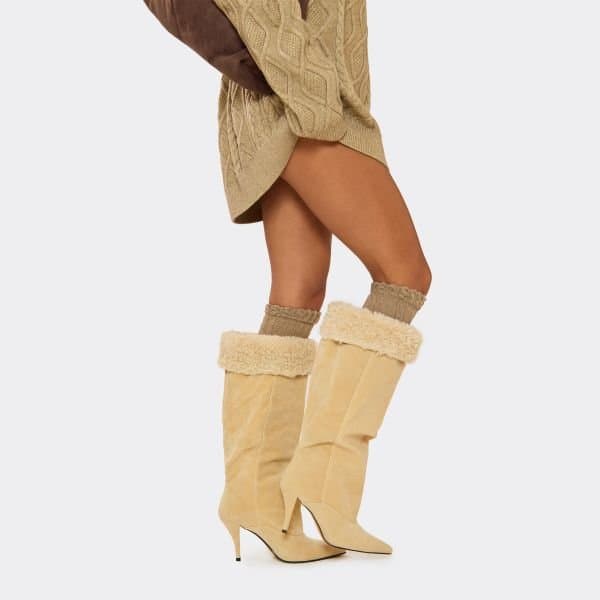 EGO Seattle Faux Fur Trim Pointed Toe Stiletto Heel Knee High Boot In Beige Faux Suede, Women's Size UK 3