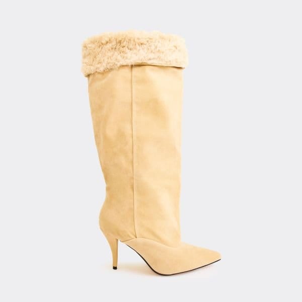 EGO Seattle Faux Fur Trim Pointed Toe Stiletto Heel Knee High Boot In Beige Faux Suede, Women's Size UK 3 - 2