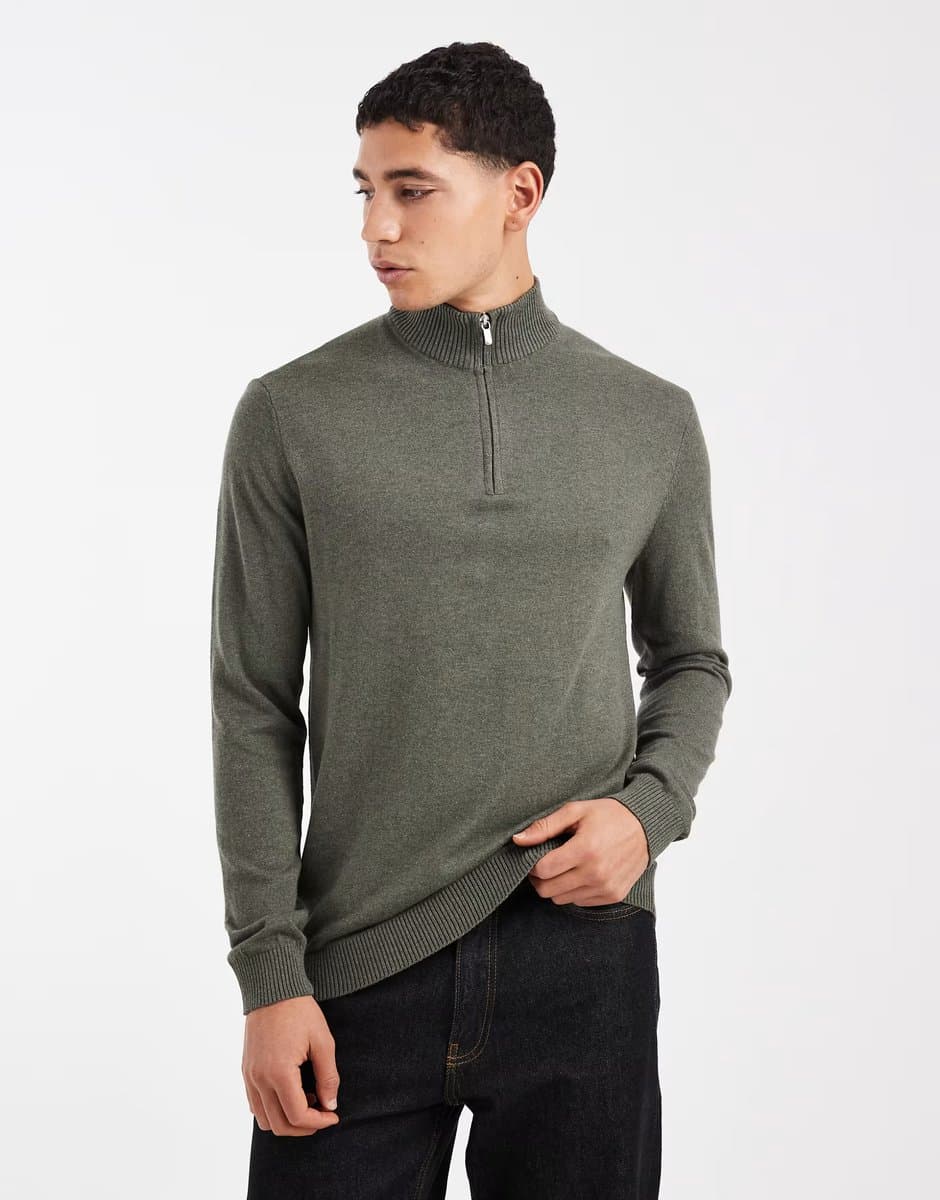 ASOS ONLY & SONS quarter zip knitted jumper in khaki