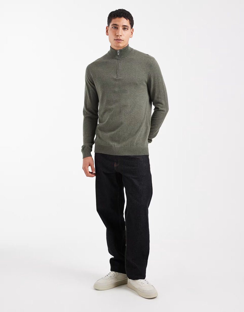 ASOS ONLY & SONS quarter zip knitted jumper in khaki - 2