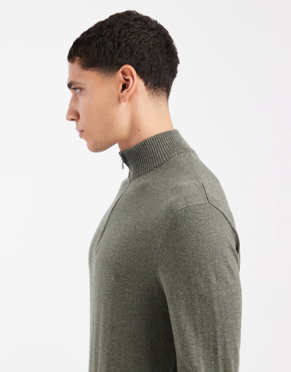 ASOS ONLY & SONS quarter zip knitted jumper in khaki - 4