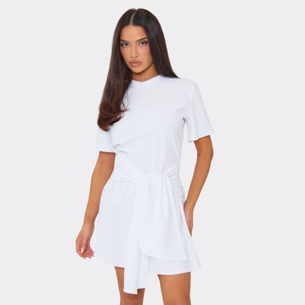 EGO Short Sleeve Wrap Tie Detail T-Shirt Dress In White, Women's Size UK 6