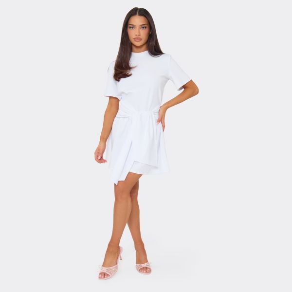 EGO Short Sleeve Wrap Tie Detail T-Shirt Dress In White, Women's Size UK 6 - 2