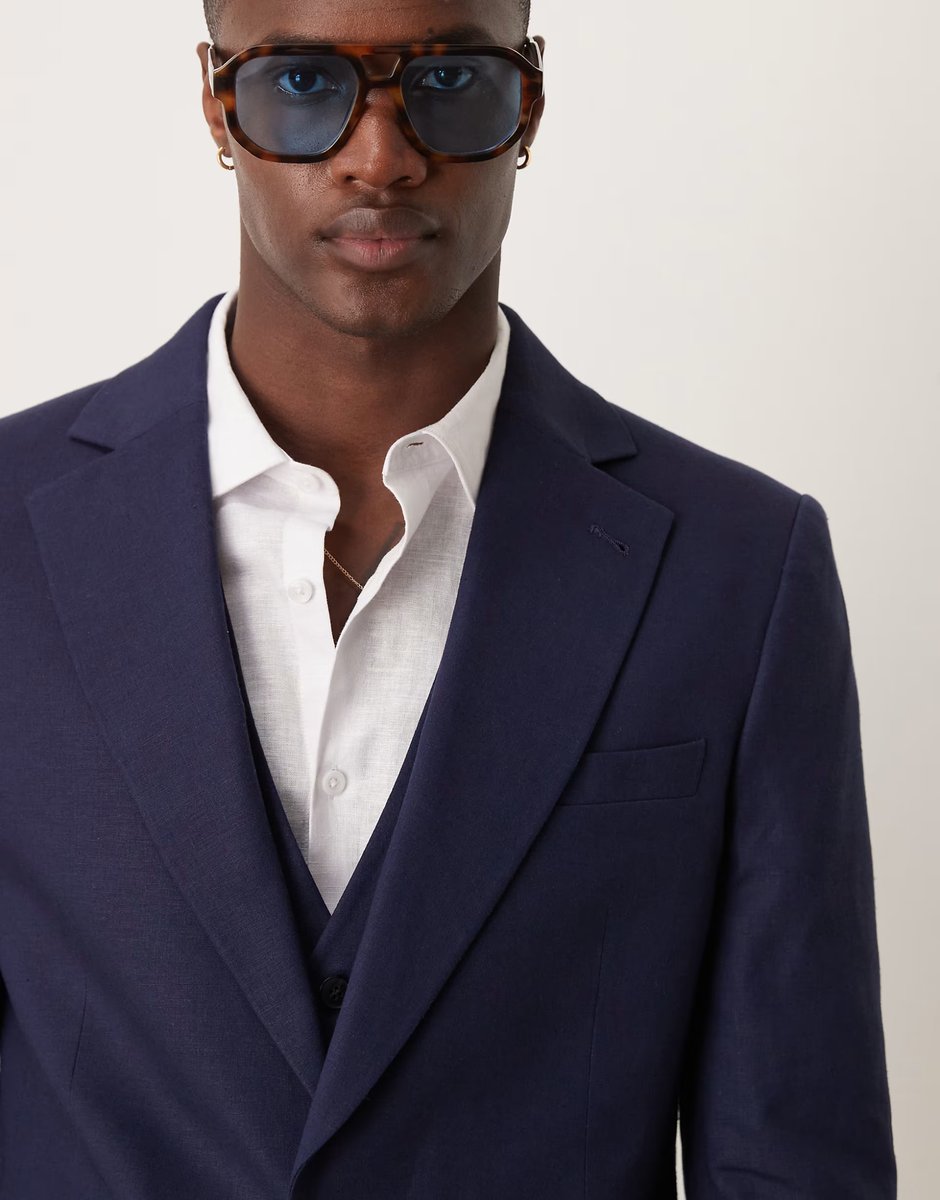 ASOS ASOS DESIGN linen blend slim suit jacket in navy - 3