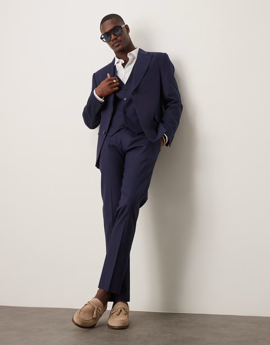 ASOS ASOS DESIGN linen blend slim suit jacket in navy - 4