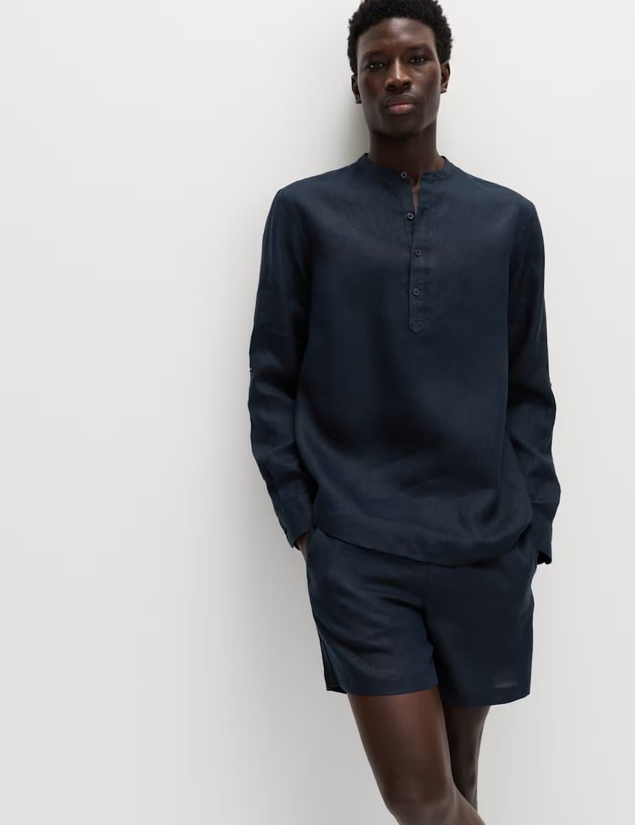 Marks & Spencer M&S Pure Linen Grandad Collar Shirt Navy