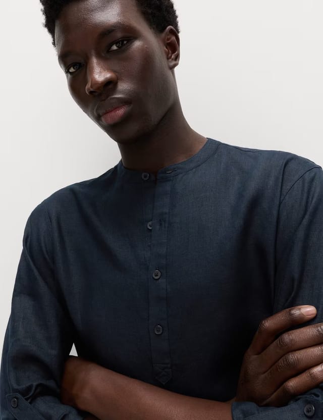 Marks & Spencer M&S Pure Linen Grandad Collar Shirt Navy - 2