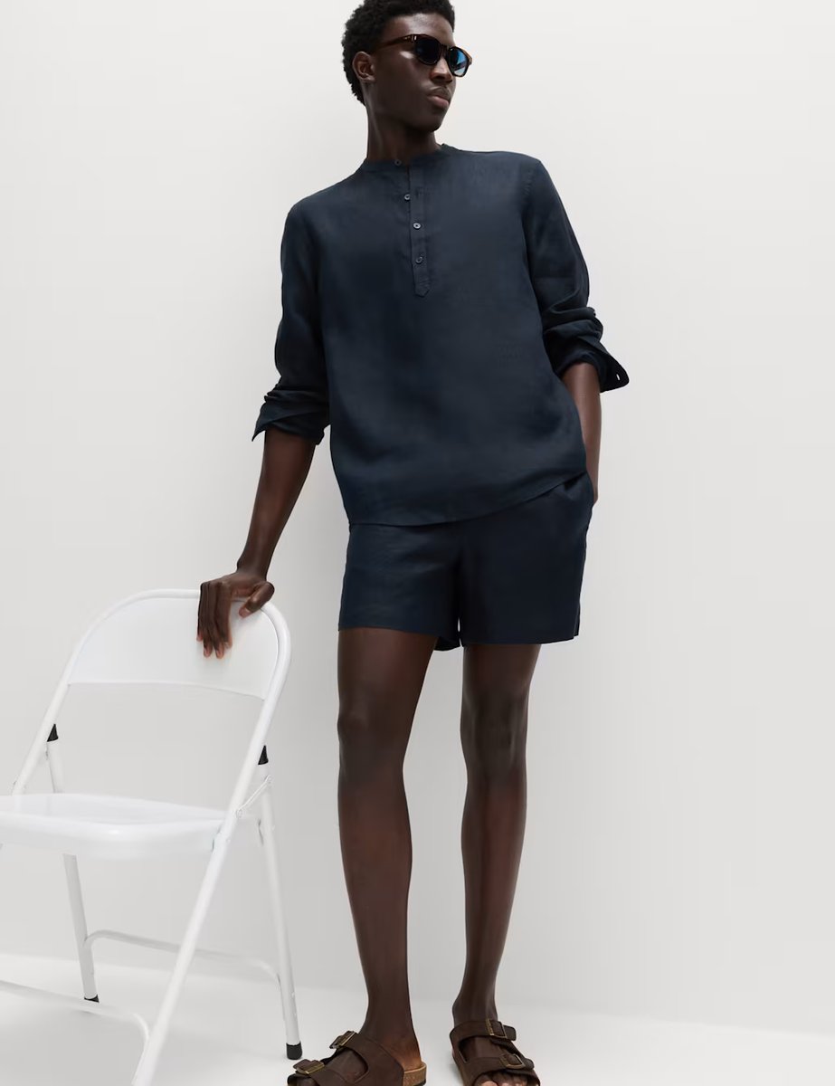 Marks & Spencer M&S Pure Linen Grandad Collar Shirt Navy - 4