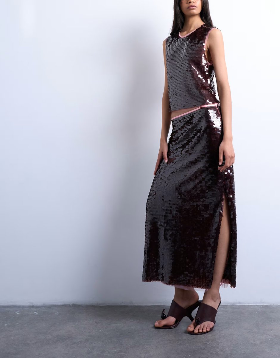 ASOS Topshop co-ord contrast sequin midi skirt in wine - 3