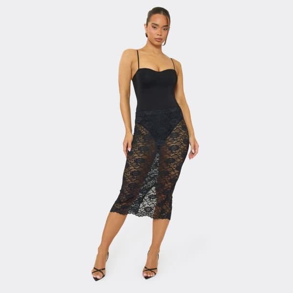 EGO Mid Rise Knicker Insert Sheer Midi Skirt In Black Lace, Women's Size UK 6