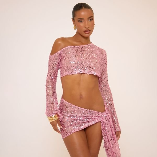 EGO Asymmetric Flared Sleeve Crop Top In Pink Sequin, Women's Size UK 12 - 1