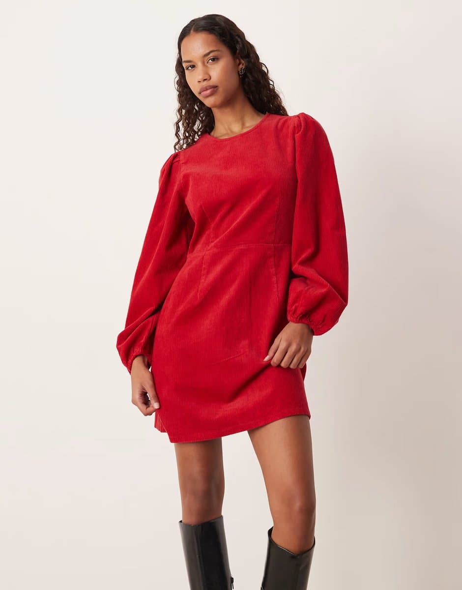 ASOS Nobody's Child Peggy balloon sleeve cord mini dress in red