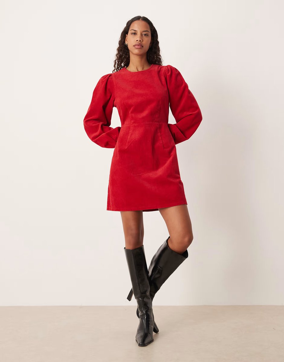ASOS Nobody's Child Peggy balloon sleeve cord mini dress in red - 3