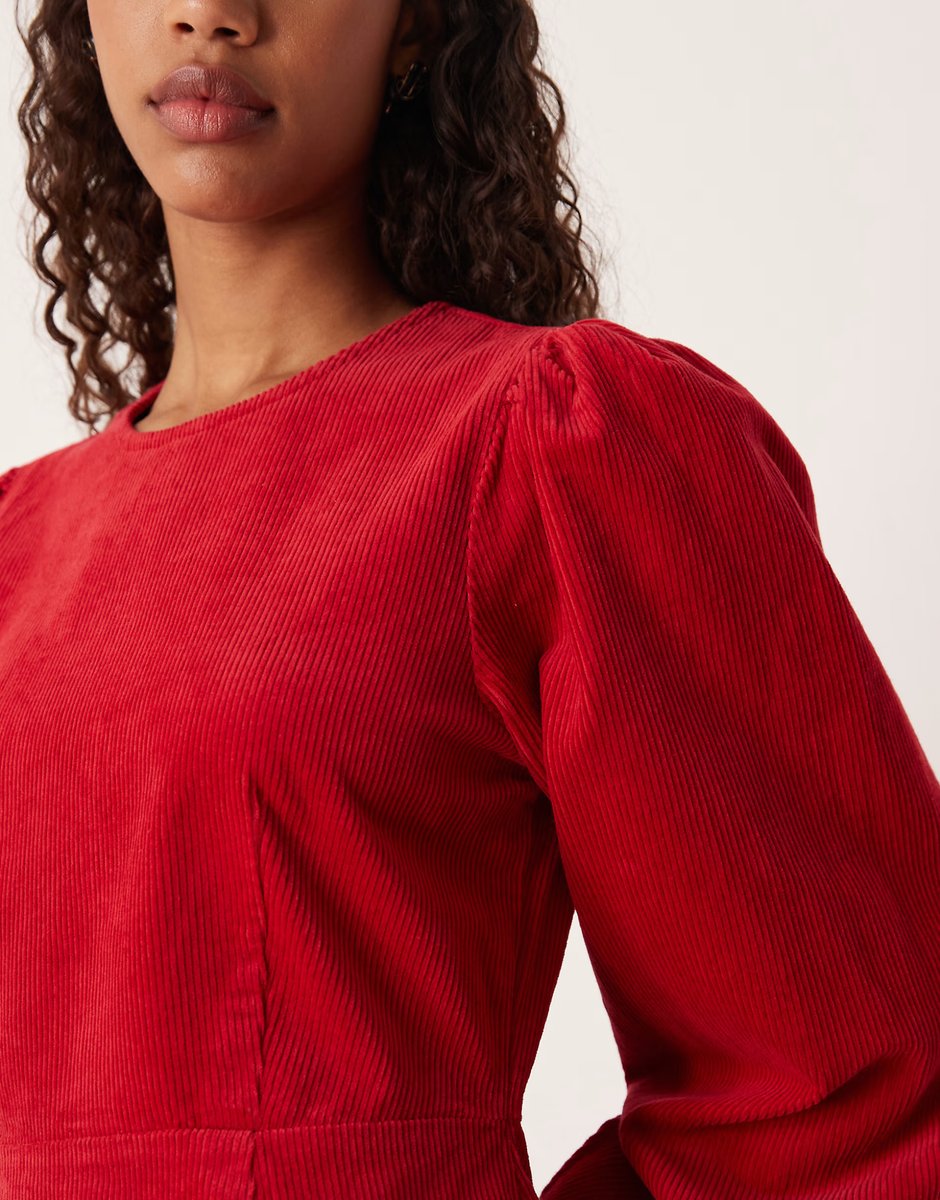 ASOS Nobody's Child Peggy balloon sleeve cord mini dress in red - 4